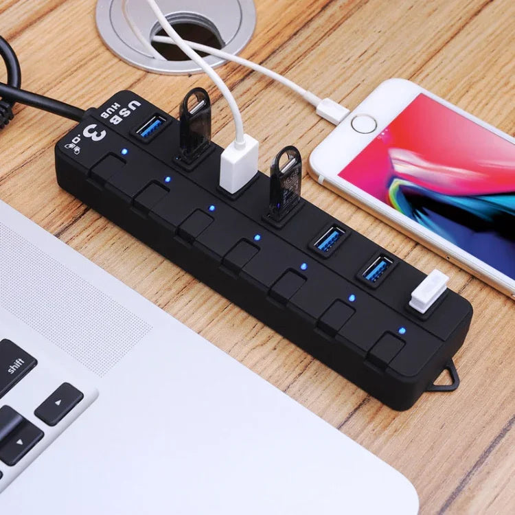 Hub USB 3.0 com 7 Portas e Interruptores Individuais para cada Porta de Transferência de Dados, 7 Portas (Preto)