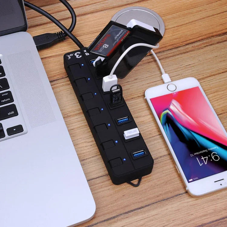 Hub USB 3.0 com 7 Portas e Interruptores Individuais para cada Porta de Transferência de Dados, 7 Portas (Preto)