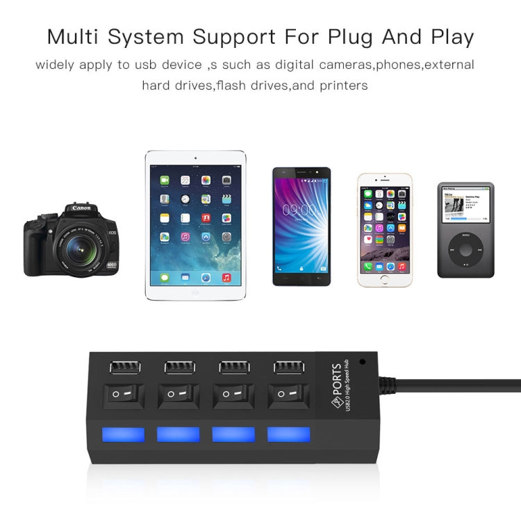 Hub USB 2.0 de 4 Portas Divisor USB de Alta Velocidade 480Mbps com Interruptor ON/OFF, 4 LEDs, 4 Portas com 4 LEDs (Preto)