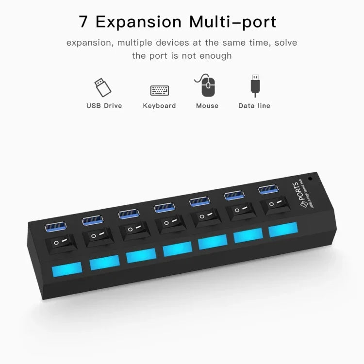 Hub USB 3.0 com 7 Portas, Super Velocidade 5Gbps, Plug and Play, Suporta 1TB, 7 Portas (Preto), 7 Portas (Branco)