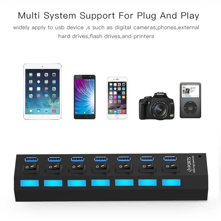 Hub USB 3.0 com 7 Portas, Super Velocidade 5Gbps, Plug and Play, Suporta 1TB, 7 Portas (Preto), 7 Portas (Branco)