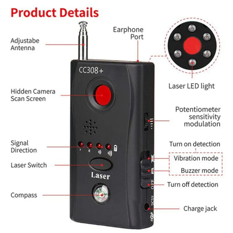 CC308+ Detetor Multi Lente de Câmara Sem Fios Detector de Sinal de Onda Rádio Detetor de Dispositivo RF GSM de Alcance Total, CC308+
