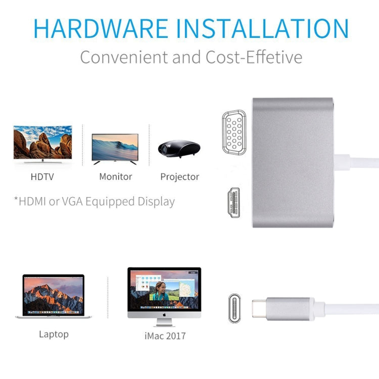 Adaptador divisor Hub 2 em 1 VGA e HDMI Fêmea para USB-C / Type-C Macho, VGA+HDMI
