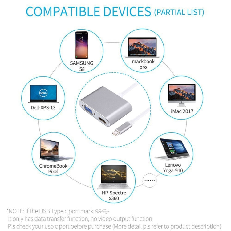 Adaptador divisor Hub 2 em 1 VGA e HDMI Fêmea para USB-C / Type-C Macho, VGA+HDMI