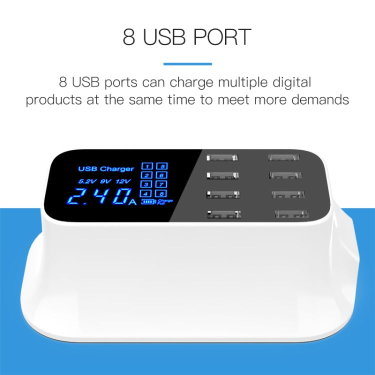 Base de Carregamento Inteligente YC-CDA19A 8 Portas USB 40W com Ecrã Digital, Ficha UK, SAS1049A, SAS1049B, SAS1049C