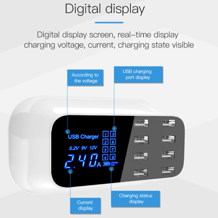 Base de Carregamento Inteligente YC-CDA19A 8 Portas USB 40W com Ecrã Digital, Ficha UK, SAS1049A, SAS1049B, SAS1049C