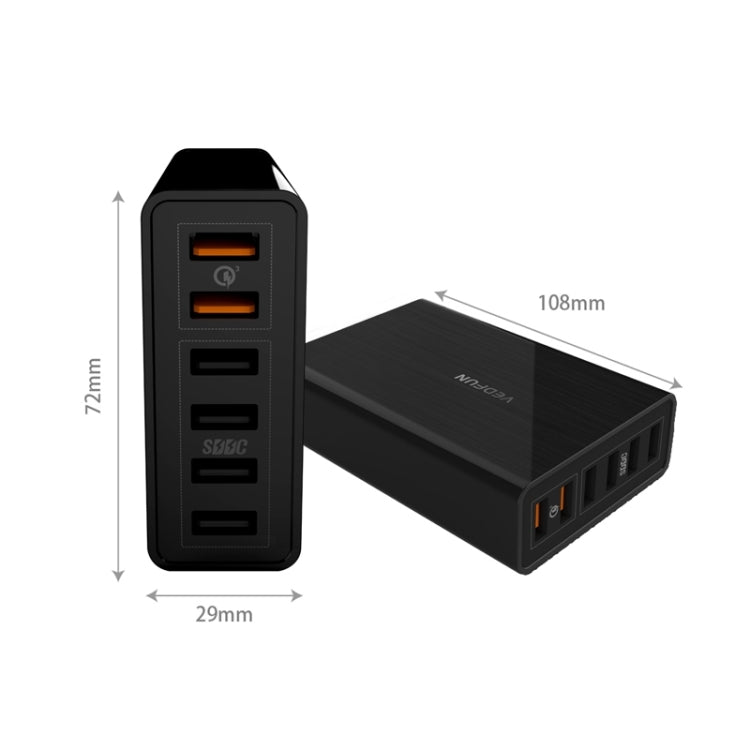 Carregador USB VEDFUN TurboCube D620 com Seis Portas Quick Charge 3.0 + Tecnologia SDDC, Plugues EU/US/UK