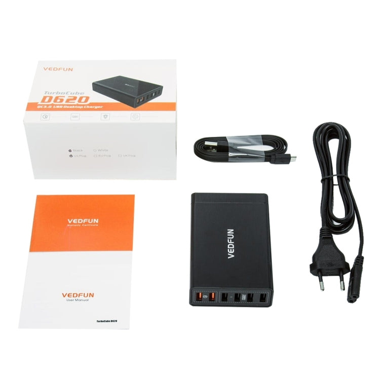 Carregador USB VEDFUN TurboCube D620 com Seis Portas Quick Charge 3.0 + Tecnologia SDDC, Plugues EU/US/UK