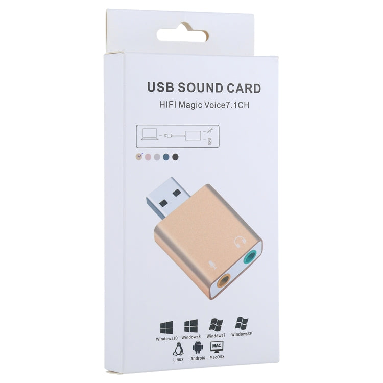 Placa de som externa USB com conector de 3,5mm, caixa de alumínio, voz mágica HIFI, adaptador de 7.1 canais, driver gratuito para computador, desktop, colunas, auscultadores, microfone, alumínio 7.1 canais dourado