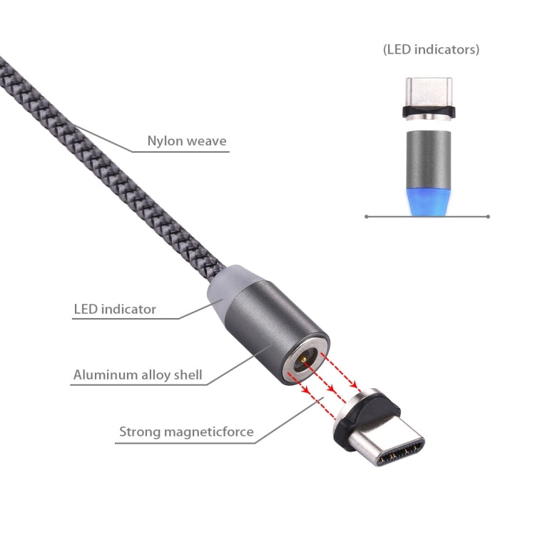Cabo de Carregamento Magnético USB-C / Tipo-C para USB 2.0 Estilo Trançado de 1m com Rotação de 360 Graus e Indicador LED