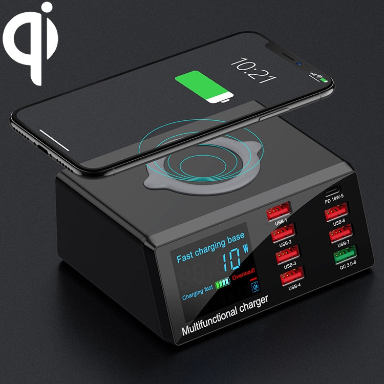 Carregador Multifuncional X9 9 em 1 com Interface USB QC 3.0 + 6 Portas USB + Portas PD 65W + Carregamento Rápido Sem Fios QI com Ecrã LED