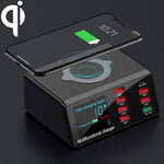 Carregador Multifuncional X9 9 em 1 com Interface USB QC 3.0 + 6 Portas USB + Portas PD 65W + Carregamento Rápido Sem Fios QI com Ecrã LED