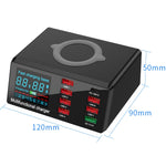 Carregador Multifuncional X9 9 em 1 com Interface USB QC 3.0 + 6 Portas USB + Portas PD 65W + Carregamento Rápido Sem Fios QI com Ecrã LED