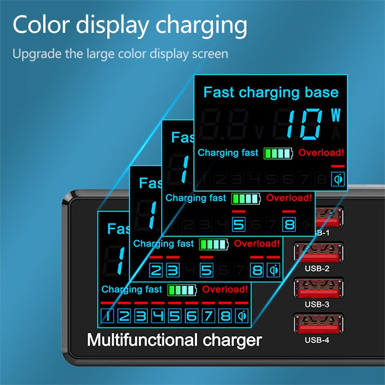 Carregador Multifuncional X9 9 em 1 com Interface USB QC 3.0 + 6 Portas USB + Portas PD 65W + Carregamento Rápido Sem Fios QI com Ecrã LED