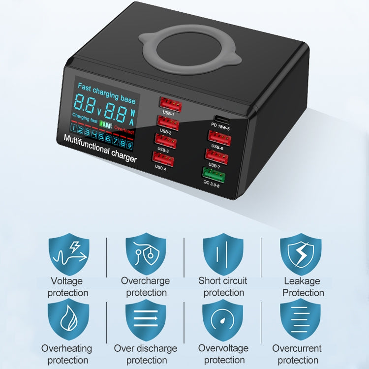 Carregador Multifuncional X9 9 em 1 com Interface USB QC 3.0 + 6 Portas USB + Portas PD 65W + Carregamento Rápido Sem Fios QI com Ecrã LED