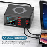 Carregador Multifuncional X9 9 em 1 com Interface USB QC 3.0 + 6 Portas USB + Portas PD 65W + Carregamento Rápido Sem Fios QI com Ecrã LED