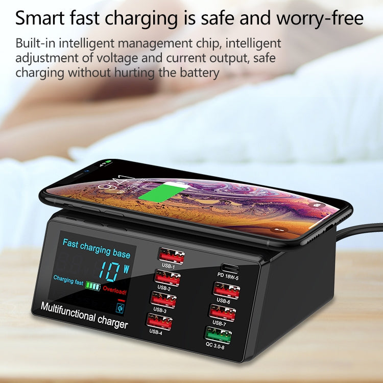 Carregador Multifuncional X9 9 em 1 com Interface USB QC 3.0 + 6 Portas USB + Portas PD 65W + Carregamento Rápido Sem Fios QI com Ecrã LED