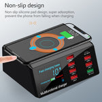 Carregador Multifuncional X9 9 em 1 com Interface USB QC 3.0 + 6 Portas USB + Portas PD 65W + Carregamento Rápido Sem Fios QI com Ecrã LED