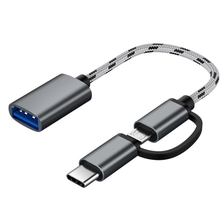 Cabo adaptador trançado em nylon USB 3.0 fêmea para Micro USB + USB-C / Type-C macho para carregamento + transmissão OTG, comprimento do cabo: 17cm, Micro USB 17cm cinzento, Micro USB 17cm dourado