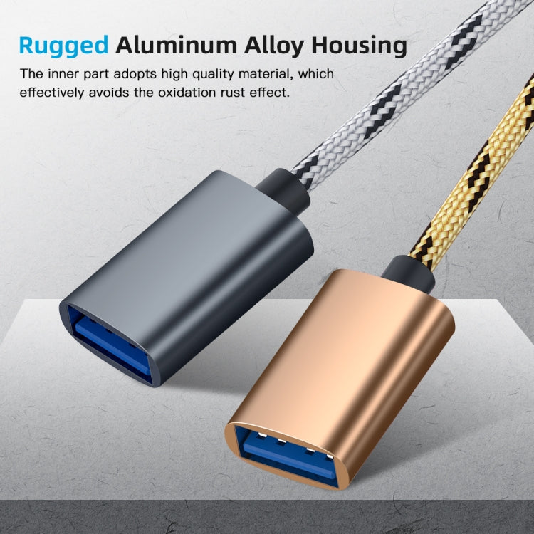 Cabo adaptador trançado em nylon USB 3.0 fêmea para Micro USB + USB-C / Type-C macho para carregamento + transmissão OTG, comprimento do cabo: 17cm, Micro USB 17cm cinzento, Micro USB 17cm dourado