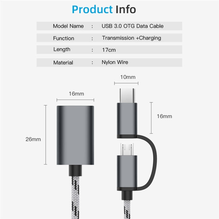 Cabo adaptador trançado em nylon USB 3.0 fêmea para Micro USB + USB-C / Type-C macho para carregamento + transmissão OTG, comprimento do cabo: 17cm, Micro USB 17cm cinzento, Micro USB 17cm dourado