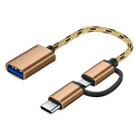 Cabo adaptador trançado em nylon USB 3.0 fêmea para Micro USB + USB-C / Type-C macho para carregamento + transmissão OTG, comprimento do cabo: 17cm, Micro USB 17cm cinzento, Micro USB 17cm dourado