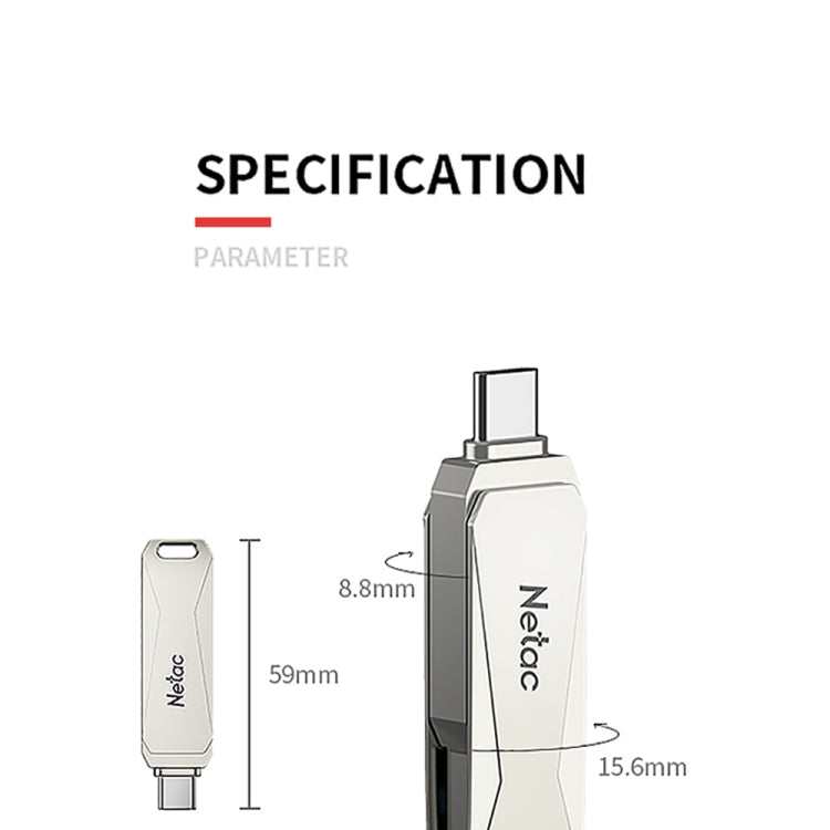 Pen drive Netac U782C 128GB USB-C / Type-C + USB 3.0 rotação 360 graus liga de zinco OTG U Disk, 128GB