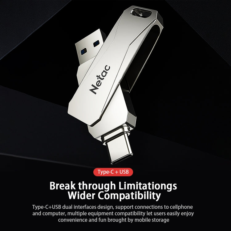 Pen drive Netac U782C 128GB USB-C / Type-C + USB 3.0 rotação 360 graus liga de zinco OTG U Disk, 128GB
