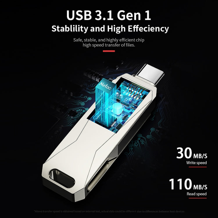 Pen drive Netac U782C 128GB USB-C / Type-C + USB 3.0 rotação 360 graus liga de zinco OTG U Disk, 128GB