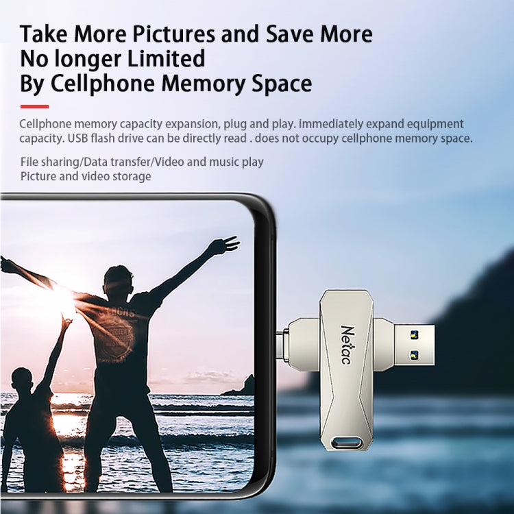 Pen drive Netac U782C 128GB USB-C / Type-C + USB 3.0 rotação 360 graus liga de zinco OTG U Disk, 128GB