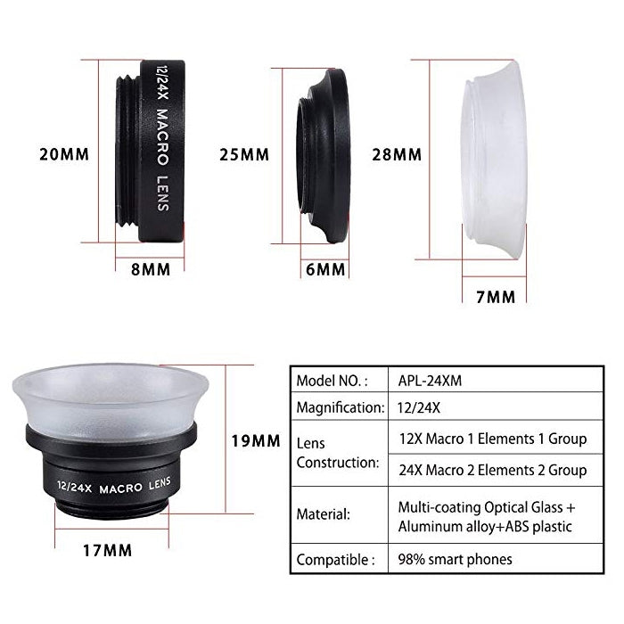 APEXEL APL-24X-H Lente Universal Externa 2 em 1 12X & 24X Macro para Telemóvel com Pára-Sol