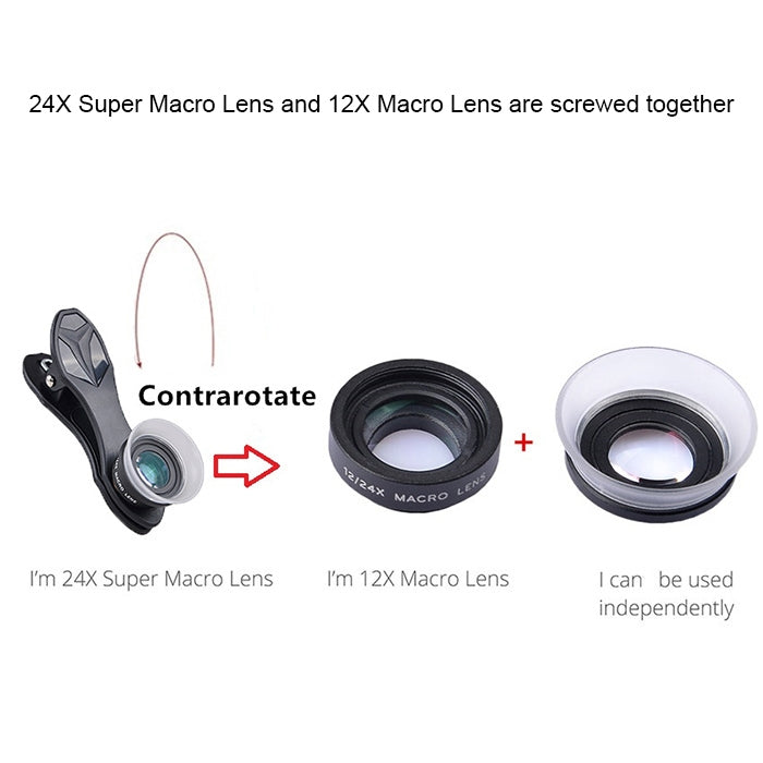 APEXEL APL-24X-H Lente Universal Externa 2 em 1 12X & 24X Macro para Telemóvel com Pára-Sol