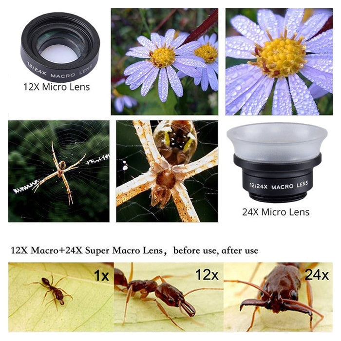 APEXEL APL-24X-H Lente Universal Externa 2 em 1 12X & 24X Macro para Telemóvel com Pára-Sol