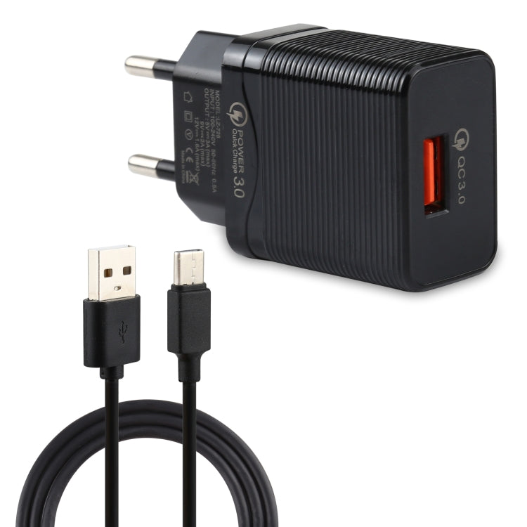 LZ-728 Carregador de Viagem 2 em 1 18W QC 3.0 USB + Cabo de Dados USB para USB-C / Tipo-C, Ficha UE, Comprimento do Cabo: 1m, com Cabo USB-C / Tipo-C