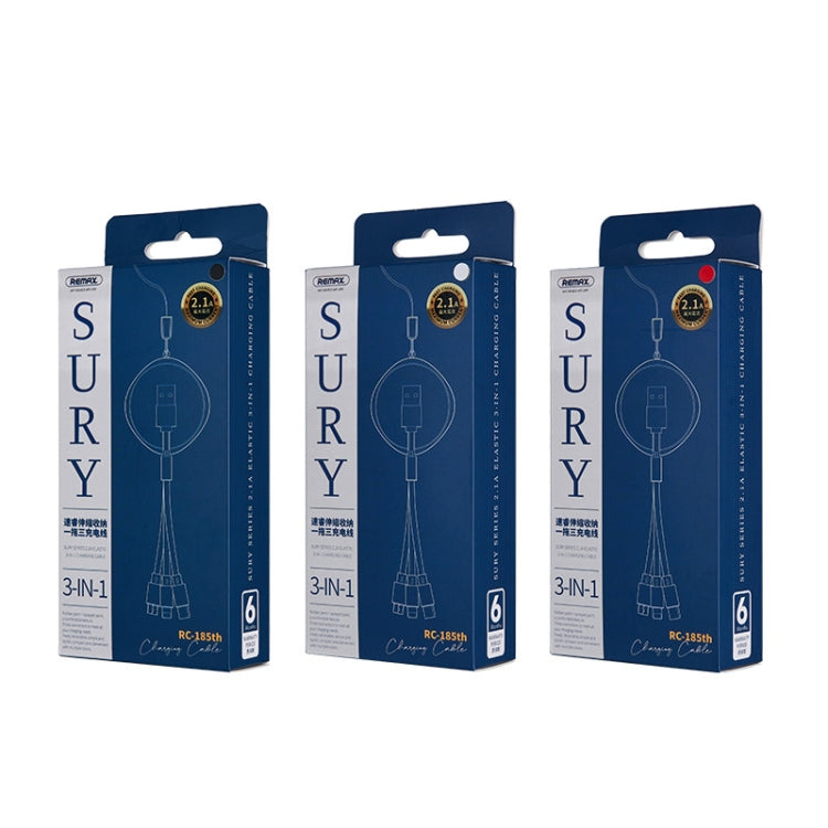 REMAX RC-185th 3 em 1 Cabo de Dados e Carregamento Telescópico USB 2.1A para 8 Pinos + USB-C / Type-C + Micro USB Série Sury