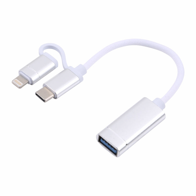 Cabo Adaptador USB 3.0 Fêmea para 8 Pinos + USB-C / Type-C Macho Carregamento + Transmissão OTG Trançado em Nylon, Comprimento do Cabo: 11cm, 8 Pinos Prateado + Branco, 8 Pinos Preto, 8 Pinos Prateado, 8 Pinos Vermelho, 8 Pinos Azul