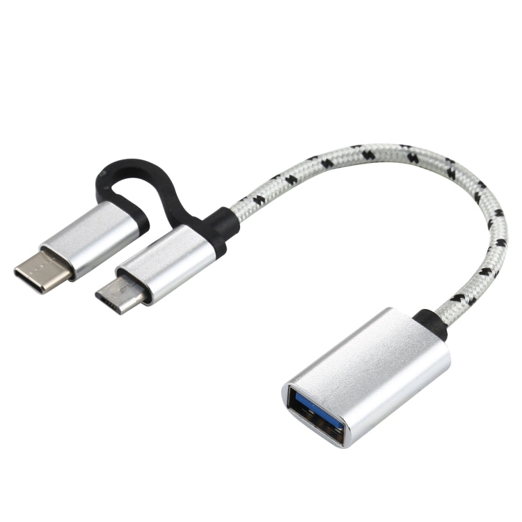 Cabo Adaptador OTG Trançado em Nylon USB 3.0 Fêmea para Micro USB + USB-C / Tipo-C Macho para Carregamento e Transmissão, Comprimento do Cabo: 11cm, Micro USB Preto, Micro USB Azul, Micro USB Vermelho, Micro USB Prateado, Micro USB Branco