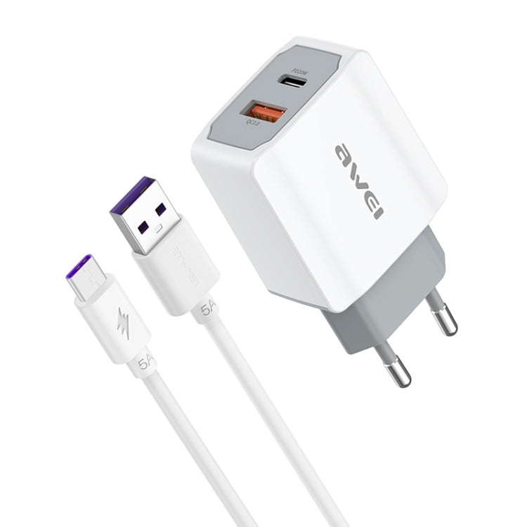 Carregador de Viagem de Carregamento Rápido awei PD4 20W PD Tipo-C + QC 3.0 Interface USB com Cabo de Dados, Ficha UE