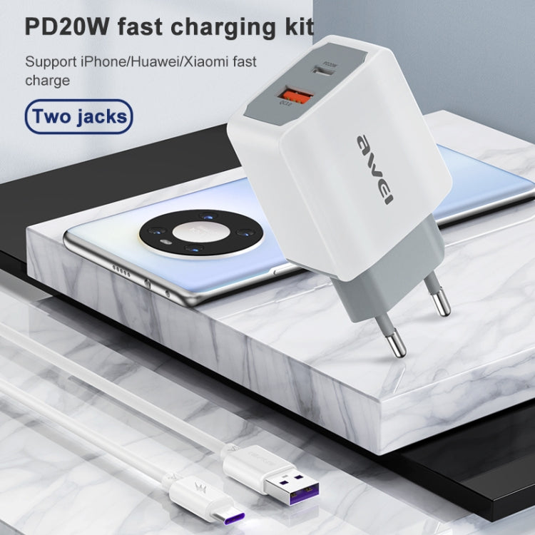 Carregador de Viagem de Carregamento Rápido awei PD4 20W PD Tipo-C + QC 3.0 Interface USB com Cabo de Dados, Ficha UE