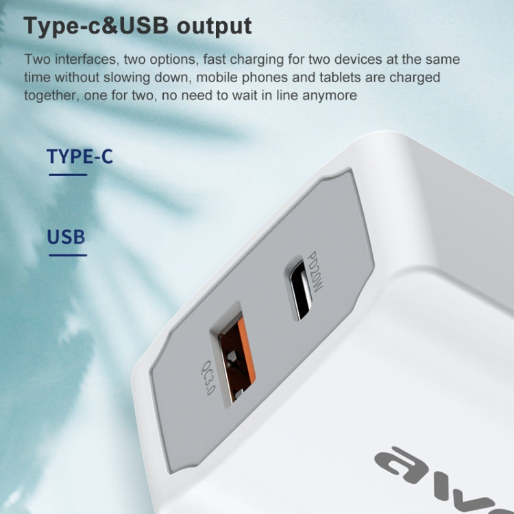 Carregador de Viagem de Carregamento Rápido awei PD4 20W PD Tipo-C + QC 3.0 Interface USB com Cabo de Dados, Ficha UE