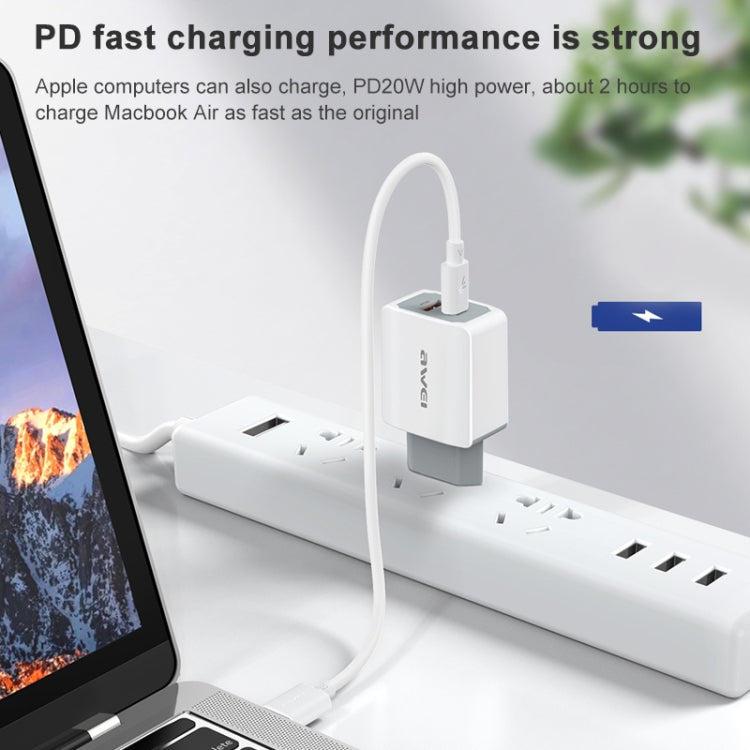 Carregador de Viagem de Carregamento Rápido awei PD4 20W PD Tipo-C + QC 3.0 Interface USB com Cabo de Dados, Ficha UE