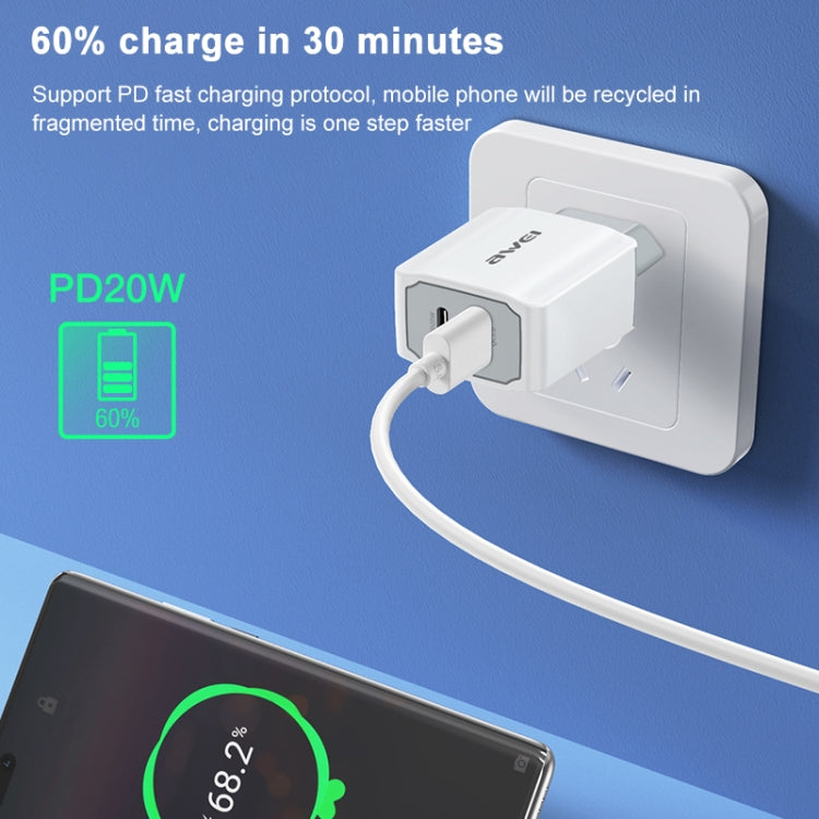 Carregador de Viagem de Carregamento Rápido awei PD4 20W PD Tipo-C + QC 3.0 Interface USB com Cabo de Dados, Ficha UE