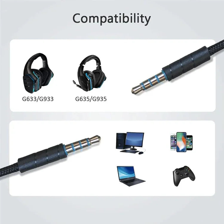 Cabo de Áudio para Auriculares Gaming 3,5mm Logitech G633 / G635 / G933 / G935 ZS0195, Comprimento do Cabo: 1,5m, Para Logitech G633 1,5m