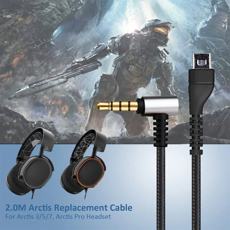 Cabo de Áudio para Auriculares SteelSeries Arctis 3 / 5 / 7 ZS0135, Comprimento do Cabo: 2m, Cabo de Áudio Preto, Cabo de Áudio Prateado