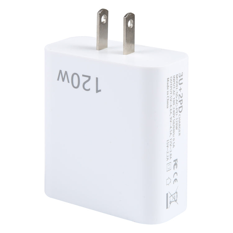 Carregador Multi Porta 120W Dual PD Type-C + 3 x USB, Ficha EUA, Ficha EUA