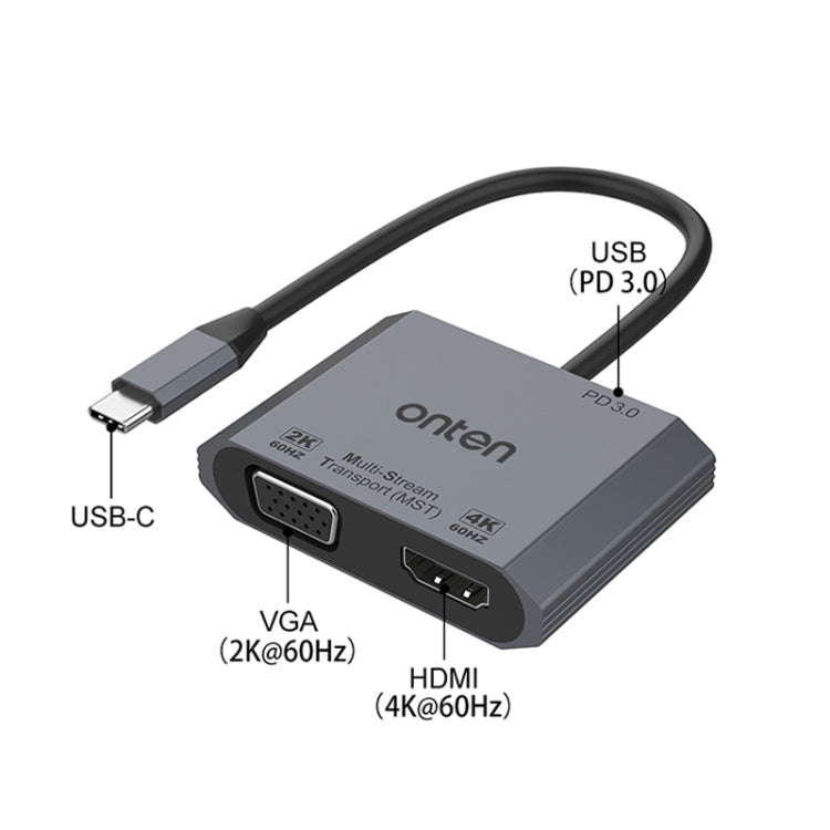 Conversor de vídeo rápido Onten M205 3 em 1 Type-C para HDMI+VGA+PD, M205