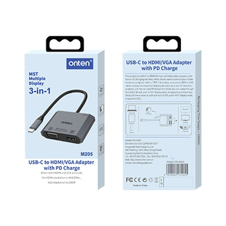 Conversor de vídeo rápido Onten M205 3 em 1 Type-C para HDMI+VGA+PD, M205