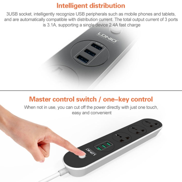 Tomada de viagem para casa e escritório LDNIO SC3301 com 3 portas USB, Comprimento do cabo: 1,6 m, Ficha US, SAS8610AUS, SAS8610BUS, SAS8610EU, SAS8610UK