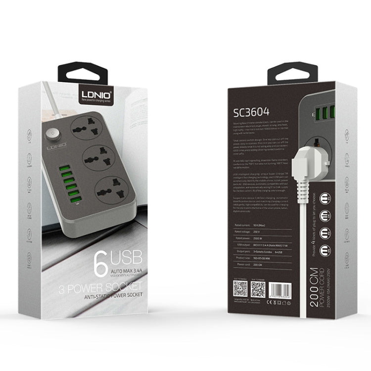 LDNIO SC3604 6 x Portas USB Tomada Multifuncional para Viagem, Casa e Escritório, Comprimento do Cabo: 2m, Ficha US, SAS8611AUK, SAS8611AUS, SAS8611BUK, SAS8611BUS, SAS8611EU