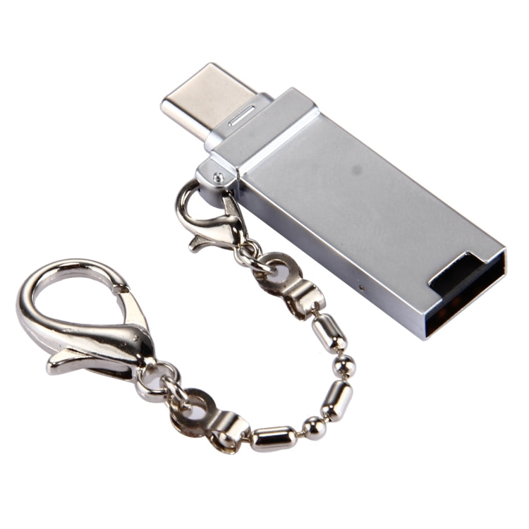 Adaptador Conector Mini USB 2.0 Fêmea para USB-C / Tipo-C Macho em Liga de Alumínio com Corrente